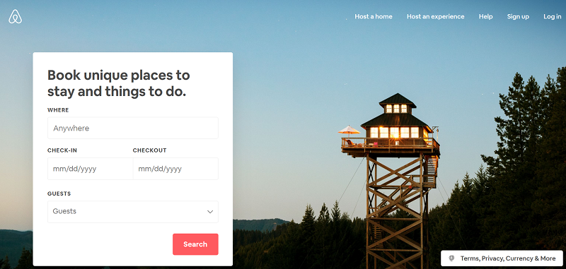 Airbnb home page with an image visitors would like to see