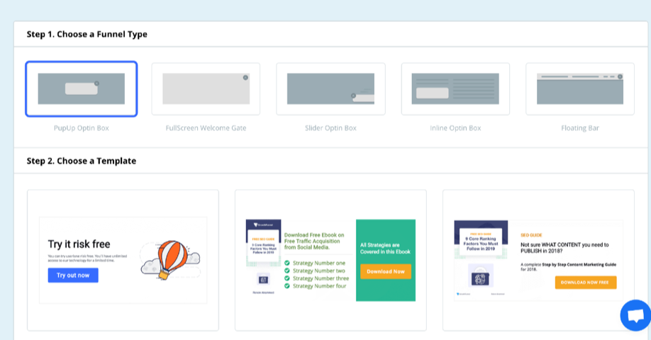 Choosing a funnel type and template in OmniKick