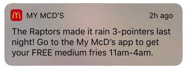 McDonalds sends timely location-based push notifications