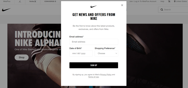 Nike asks for details in a popup on their site